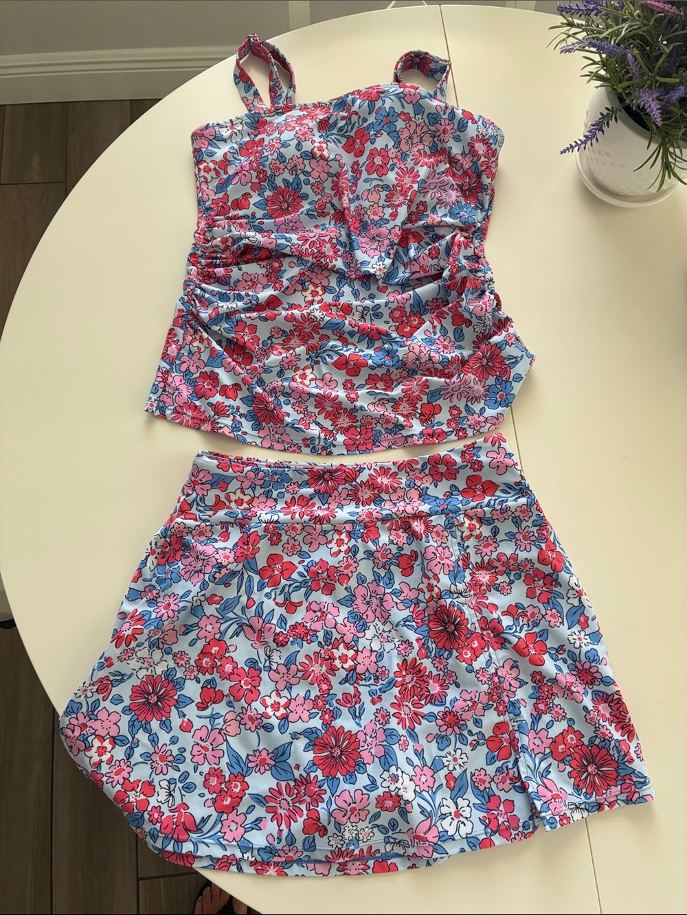 Blue Floral Tankini Set with Skirt - Women's Swimwear